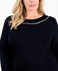 Jm Collection Plus Embellished Boatneck Sweater, Macy's Exclusive