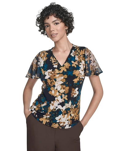 Calvin Klein Petite Printed V-neck Flutter Sleeve Top