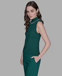Karl Lagerfeld Paris Women's Bead-Embellished Sleeveless Mock-Neck Top