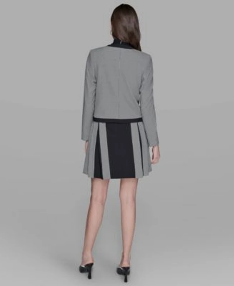 Karl Lagerfeld Paris Womens Gingham Framed Jacket Pleated Skirt Bead Embellished Sleeveless Mock Neck Top