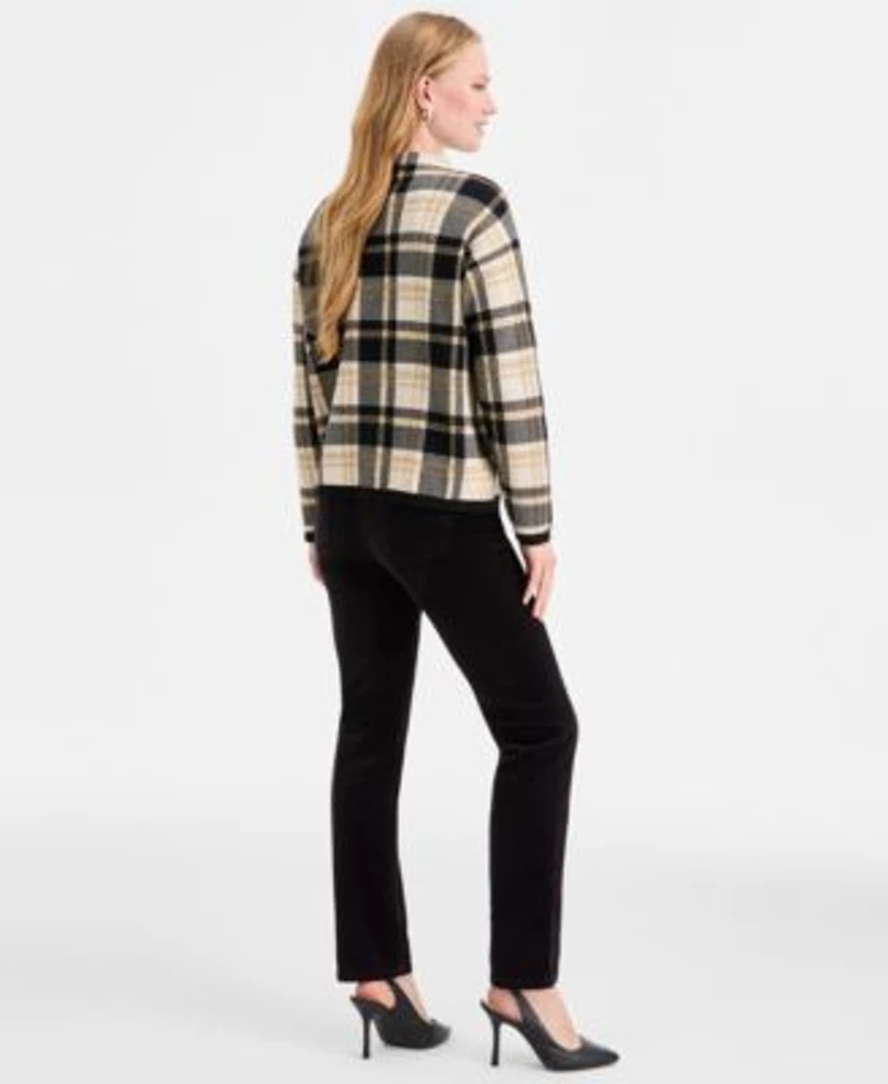 Jones New York Womens Plaid Mock Neck Sweater Fly Front Lexington Straight Jeans