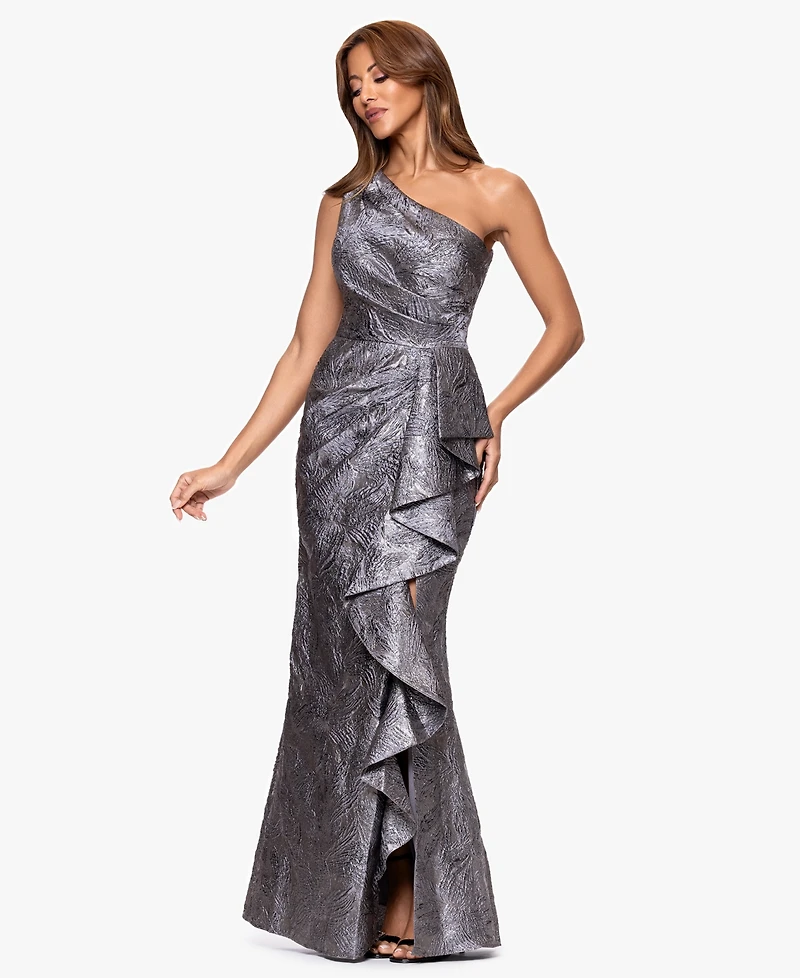 Xscape Women's Jacquard One Shoulder Ruffled Dress