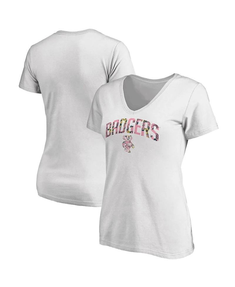 Fanatics Mto Label Women's White Wisconsin Badgers Floral Arched V-Neck T-Shirt