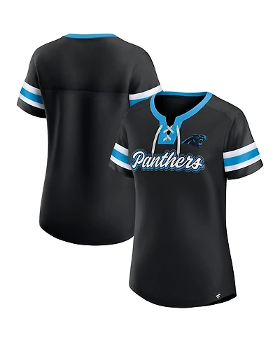 Fanatics Women's Black Carolina Panthers True Catch Iconic Rhinestone Bling Athena Lace-Up T-Shirt