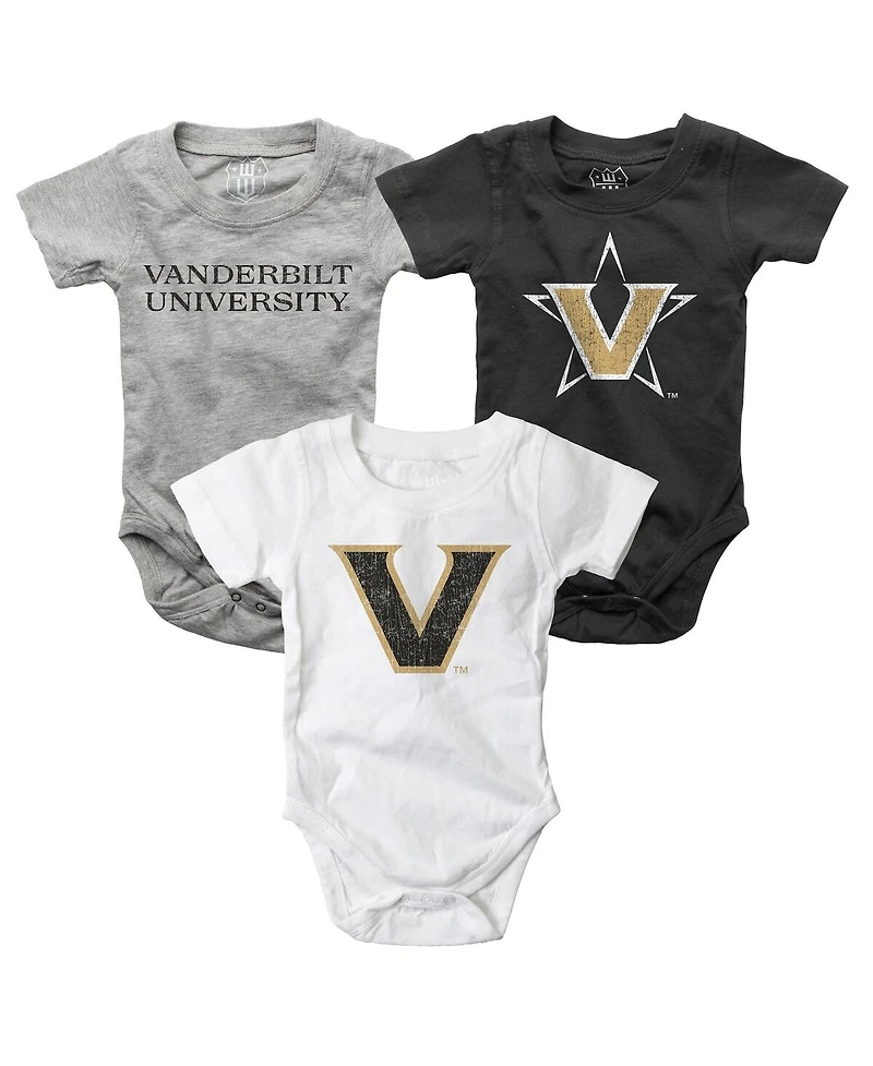 Wes & Willy Baby Boys and Girls 3-Pack Black/White/Heather Gray Vanderbilt Commodores Bodysuit Set