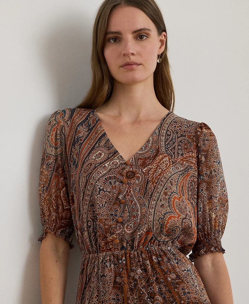 Lauren Ralph Petite Paisley Belted Crinkle Georgette A-Line Dress