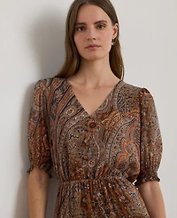 Lauren Ralph Petite Paisley Belted Crinkle Georgette A-Line Dress