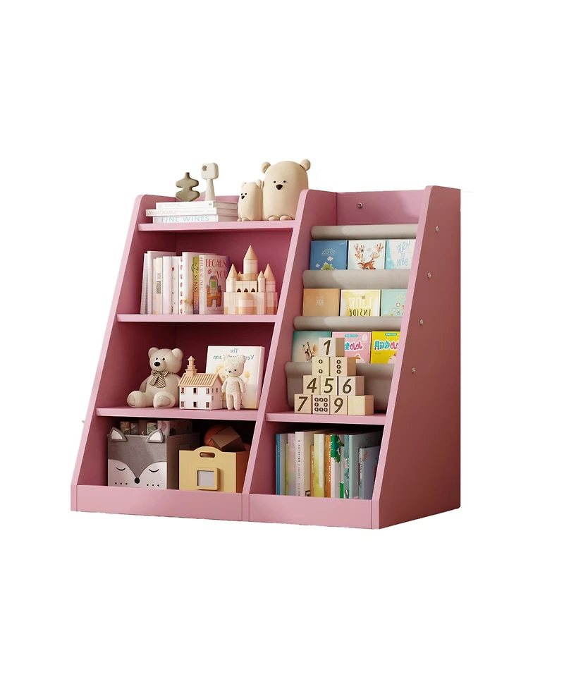 Jujabu Pink Wood Kids Bookshelf Toy Storage Organizer with Sling Book Rack Shelf for Playroom