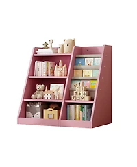 Jujabu Pink Wood Kids Bookshelf Toy Storage Organizer with Sling Book Rack Shelf for Playroom