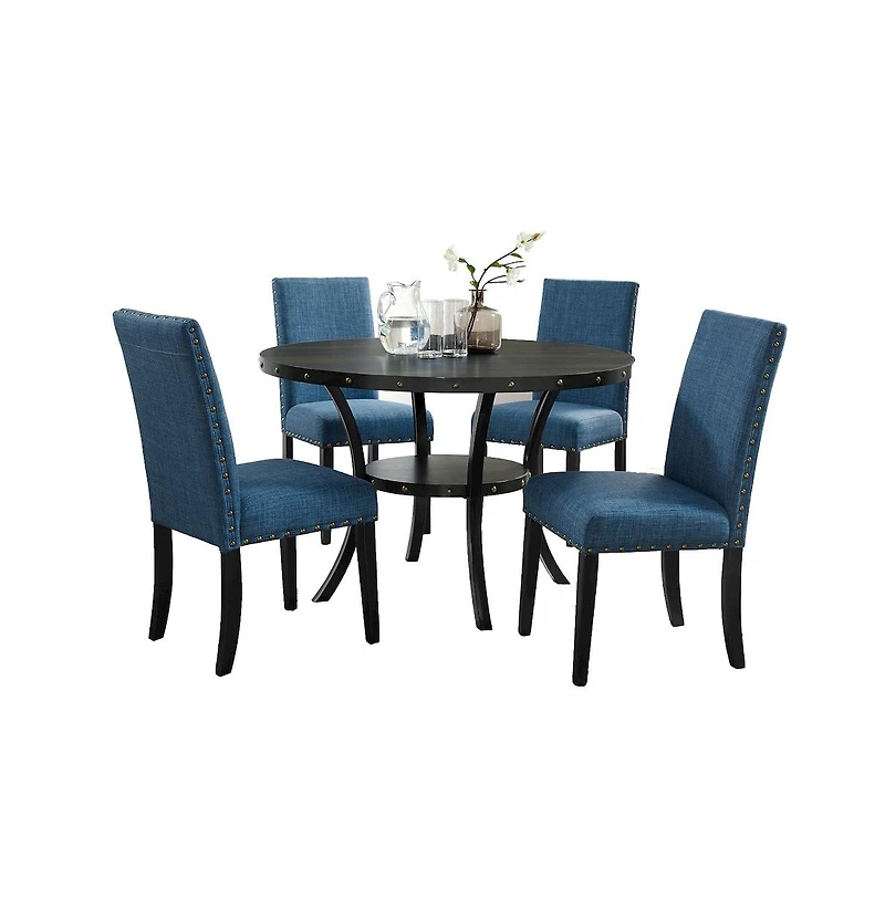 Roundhill Furniture Biony Espresso Wood Dining Set with Fabric Nailhead Chairs