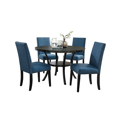 Roundhill Furniture Biony Espresso Wood Dining Set with Fabric Nailhead Chairs