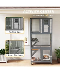 PawHut 74" Wooden Outdoor Cat House Catio Outdoor Cat Enclosure, Dark