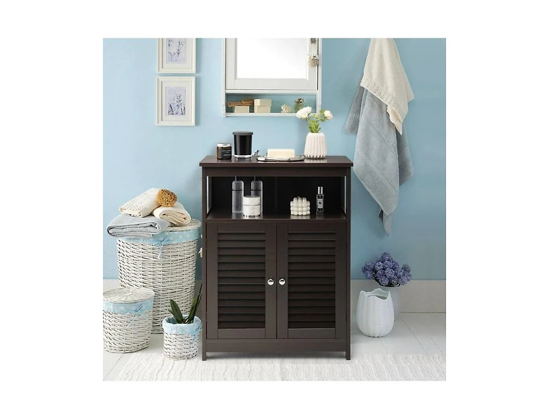 Slickblue Farmhouse Bathroom Linen Cabinet with Louvered Doors and Open Storage Shelf