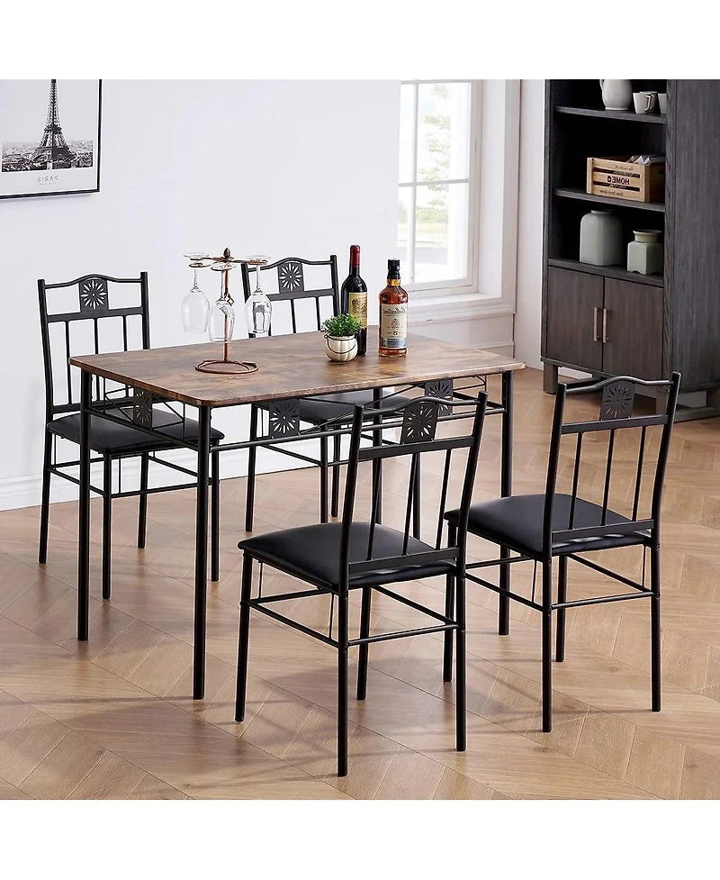Slickblue Wood-Top Farmhouse Dining Table with 4 Upholstered Chairs, 5-Piece Set