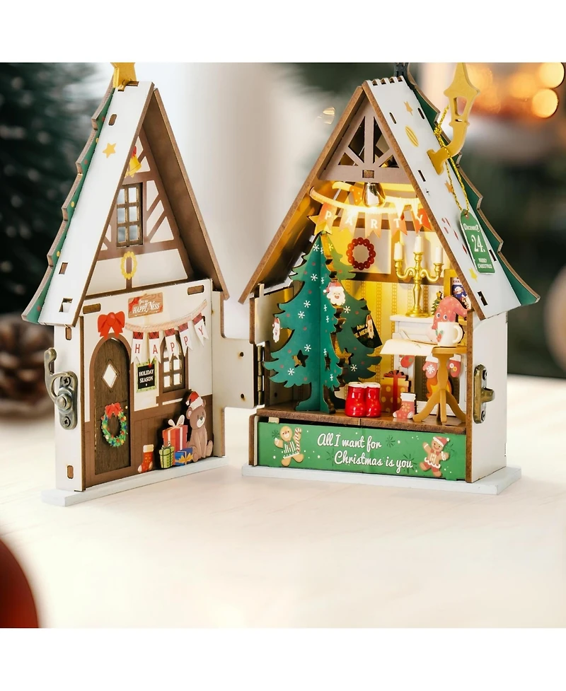 Robotime 3D Puzzles Miniature Dollhouse Kits for Adults,Mini House Toy Building Kit, Twinkling Christmas House, Multicolor, 9.06"7.56"2.17
