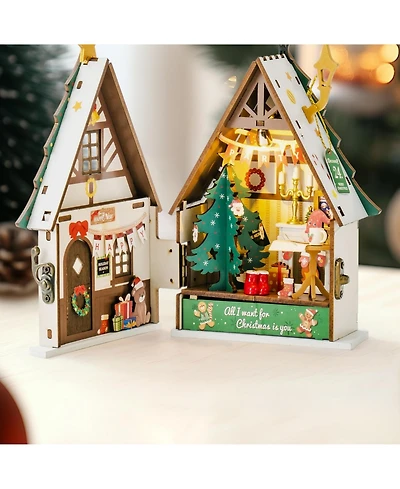Robotime 3D Puzzles Miniature Dollhouse Kits for Adults,Mini House Toy Building Kit, Twinkling Christmas House, Multicolor, 9.06"7.56"2.17