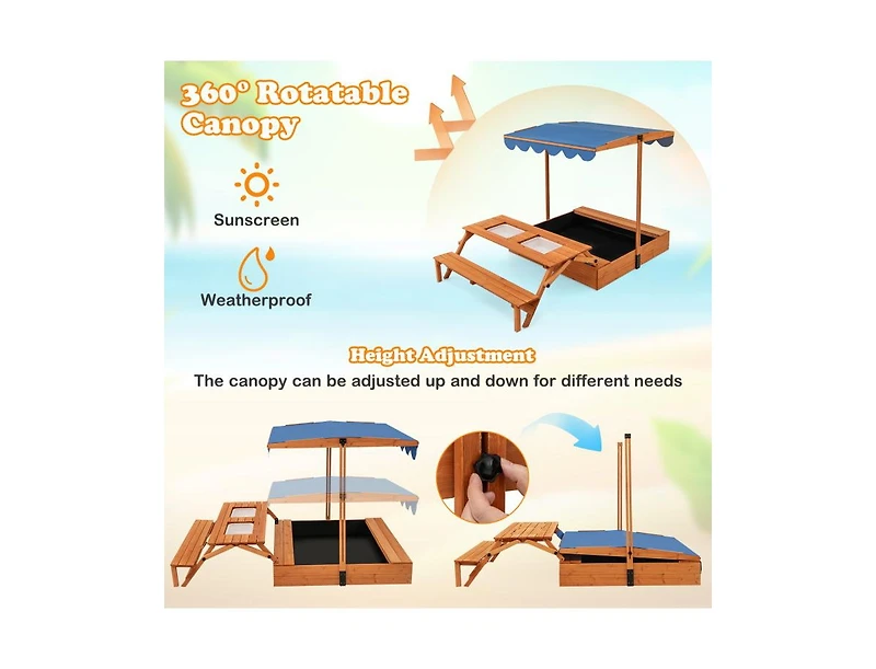 Akiudex 3-in-1 Kids Wooden Sandbox with Bench, Table, Bins and Adjustable Canopy