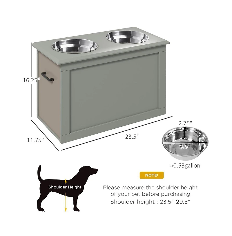 Aostirmotor Gray Raised Pet Feeding Station Storage with 2 Stainless Steel Bowls for Large Dogs