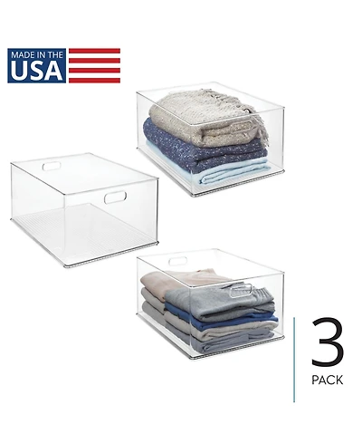 iDesign Stackable Plastic Storage Bin with Handles, Set of 3, Clear, Made in Usa