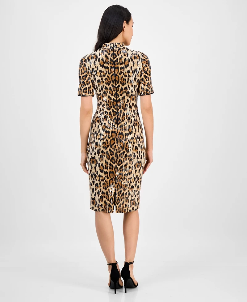 Anne Klein Women's Sequined Animal-Print Short-Sleeve Bodycon Dress