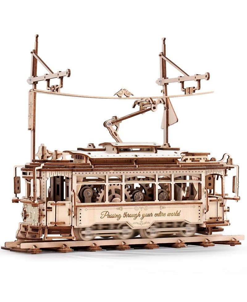 Robotime 3D Puzzle Classic City Tram Car Mechanical Gear Model Kit, Beige, 11.3"6.49"9.72"