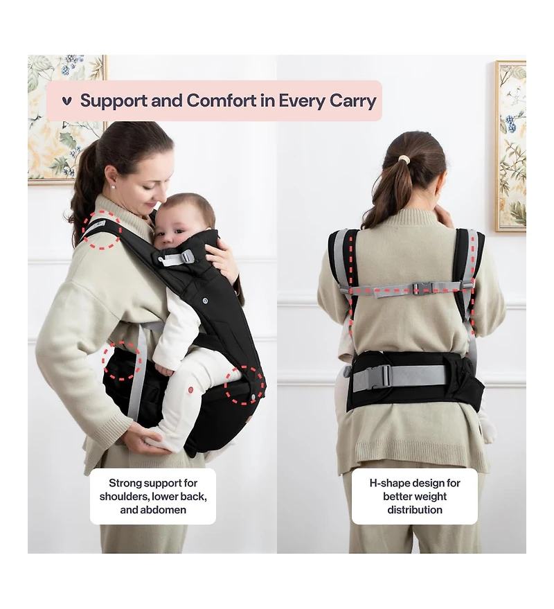 BabbleRoo Kids Carrier 6 1 with Hip Seat, Comfy & Adjustable Kangaroo Rose