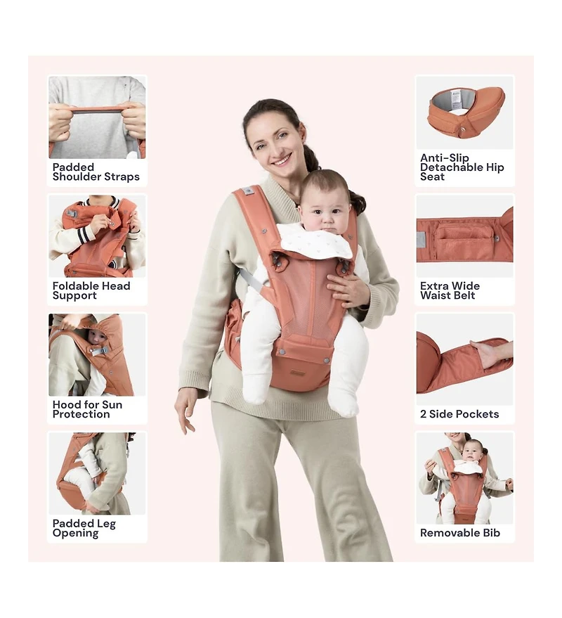 BabbleRoo Kids Carrier 6 in 1 Carrier with Hip Seat, Comfy & Adjustable Kangaroo Rose