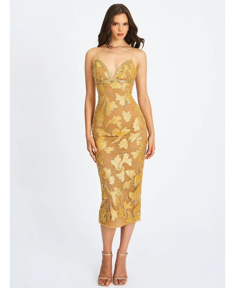 Miss Circle Women's Edie Gold Beaded Sequin Midi Pencil Dress