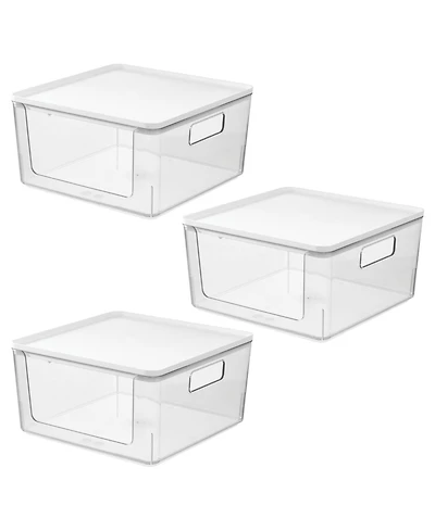 iDesign Stackable Open-Front Bins with Lid, Set of 3, Clear/White