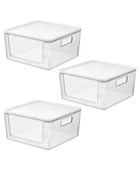 iDesign Stackable Open-Front Bins with Lid, Set of 3, Clear/White