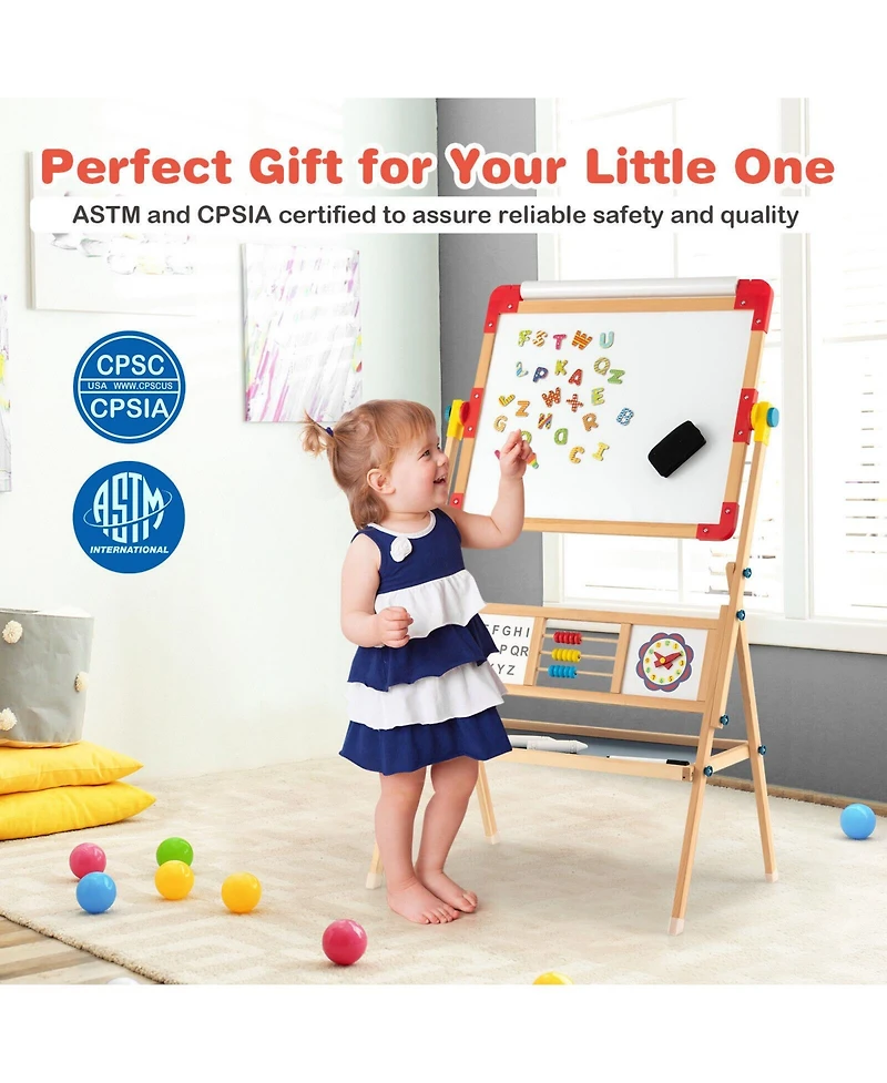 Akiudex 3-in-1 Kids Wooden Art Easel with Rotating Board, Paper Roll, and Storage Tray