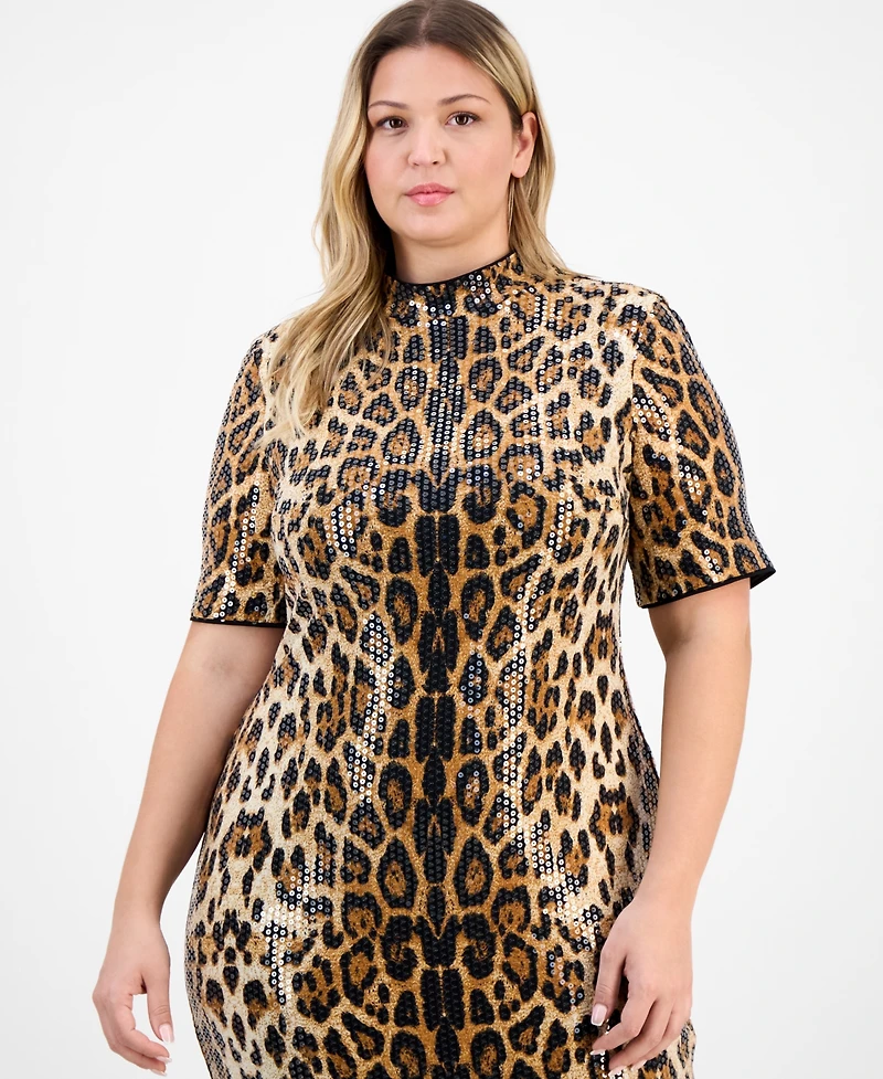 Anne Klein Plus Cap-Sleeve Animal-Print Sequin Bodycon Dress