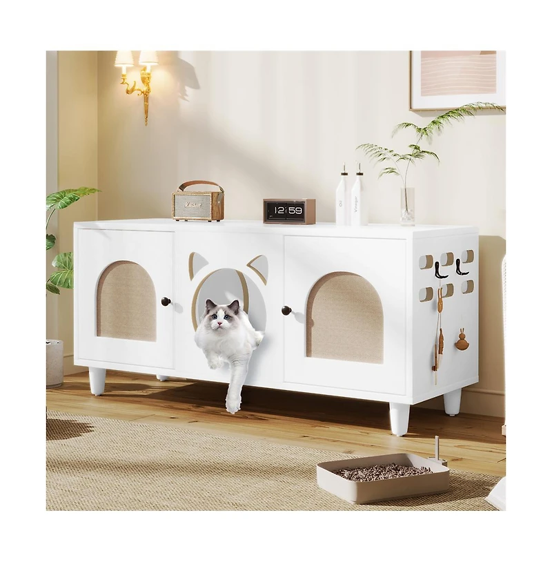 Aostirmotor 47.2 in. Wooden Cat Cabinet Cat litter box with Sisal scratching door in Cream white