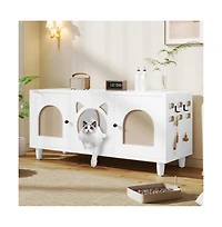 Aostirmotor 47.2 in. Wooden Cat Cabinet Cat litter box with Sisal scratching door in Cream white