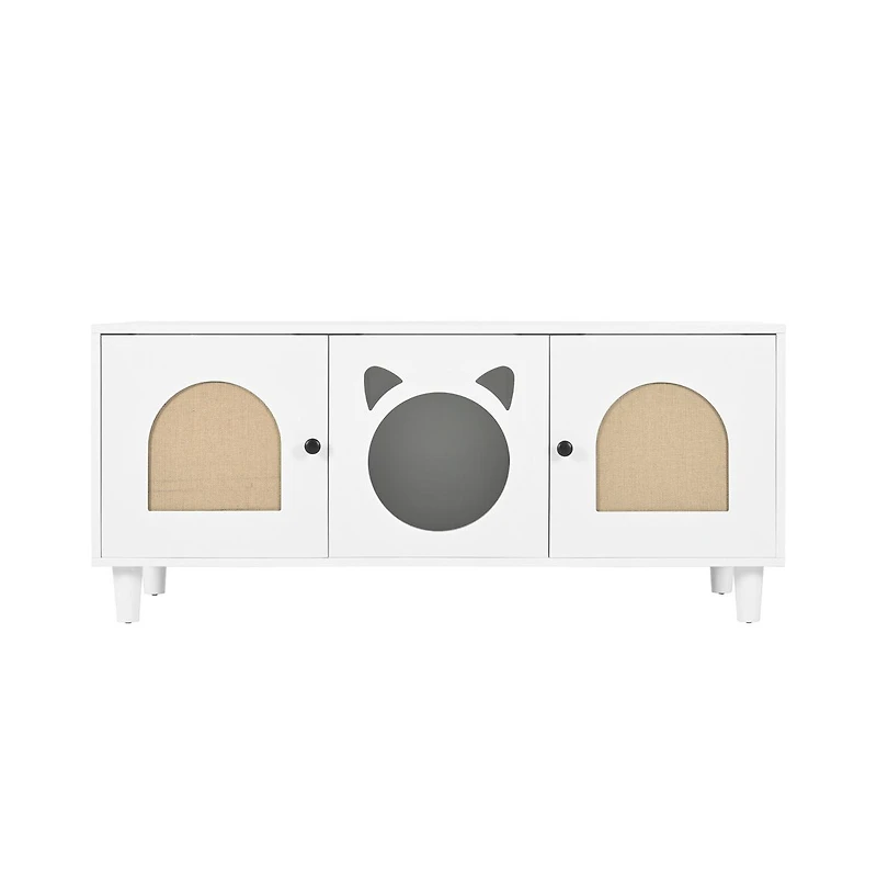 Aostirmotor 47.2 in. Wooden Cat Cabinet Cat litter box with Sisal scratching door in Cream white