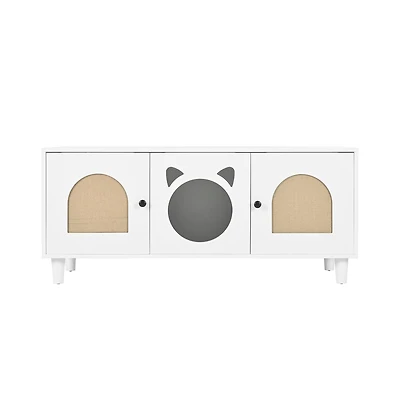 Aostirmotor 47.2 in. Wooden Cat Cabinet Cat litter box with Sisal scratching door in Cream white