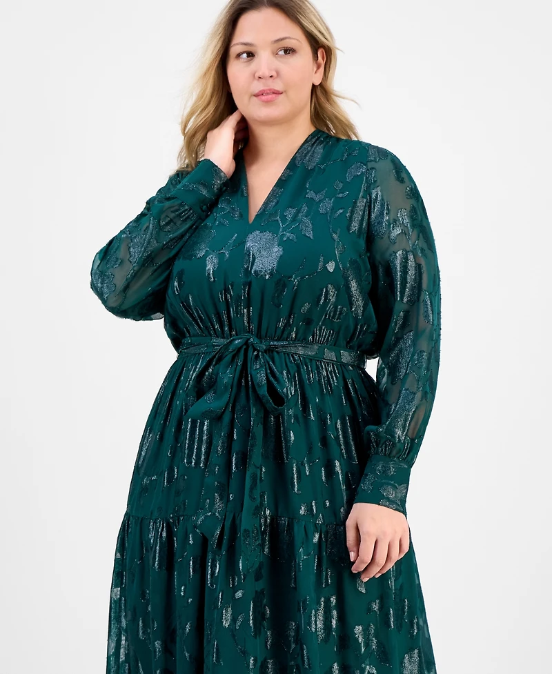 Anne Klein Plus Floral Jacquard Blouson-Sleeve Midi Dress