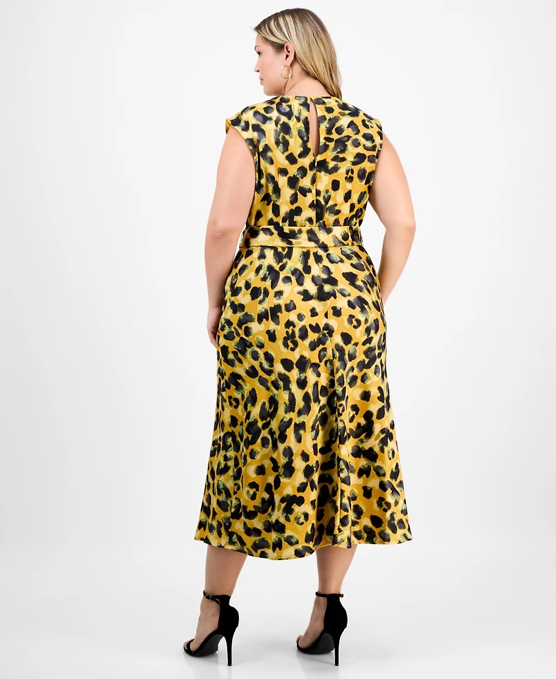 Tahari Asl Plus Pleat-Neck Waist-Tie Midi Dress