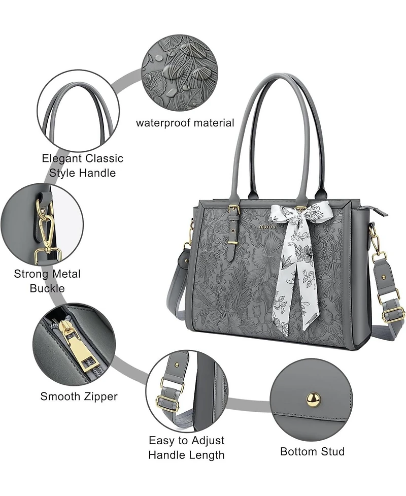Mosiso Gray 17-17.3 Inch Pu Leather Laptop Tote Bag for Women - Compatible with MacBook, Hp, Dell, Asus - Retro Hibiscus Embossed Computer Bag