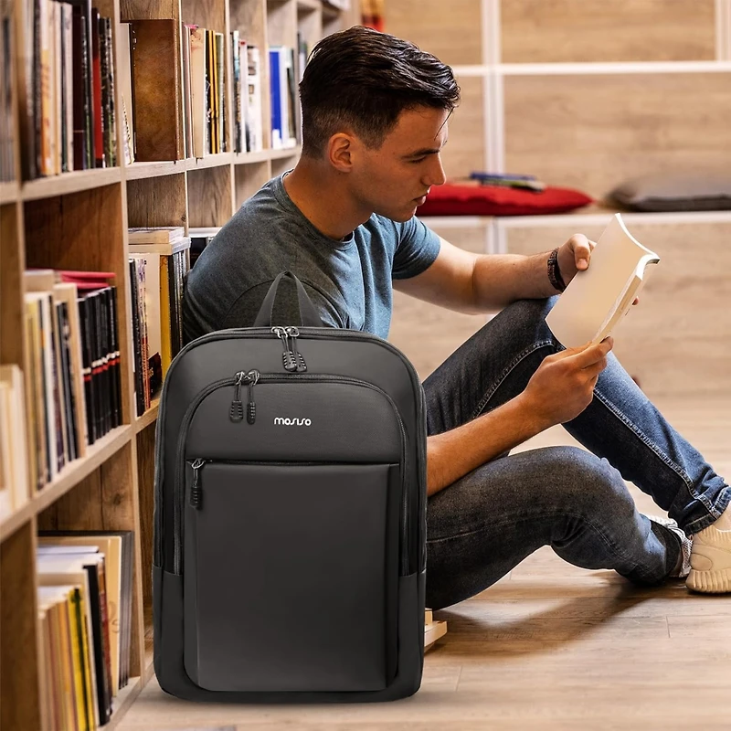 Mosiso Men's Slim Black Laptop Backpack - 15.6" Waterproof Daypack for College/Work/Business/Travel with Luggage Strap