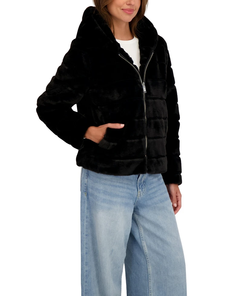 Sebby Collection Women's Hooded Grooved Short Faux Fur Jacket