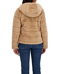 Sebby Collection Women's Hooded Grooved Short Faux Fur Jacket