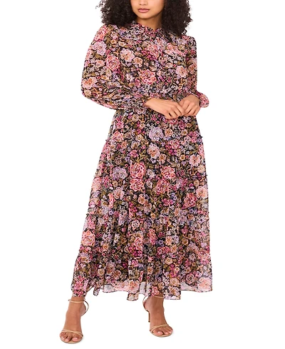 Msk Women's Floral-Print Tie-Neck Maxi Dress