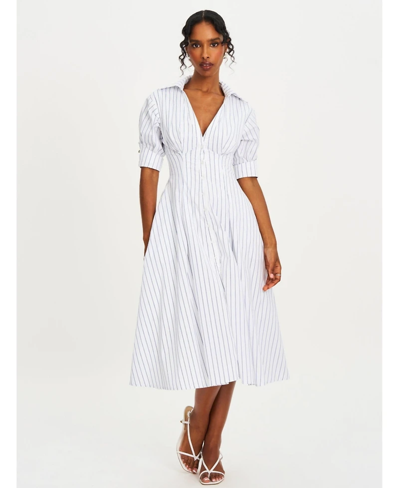 Miss Circle Women's Palina Pinstripes Cotton Poplin Pleated Midi Preppy Shirt Dress