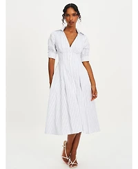 Miss Circle Women's Palina Pinstripes Cotton Poplin Pleated Midi Preppy Shirt Dress