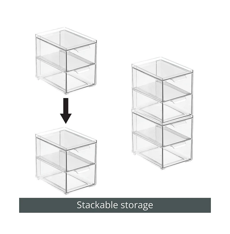 mDesign Stacking Plastic Storage Kitchen Bin - 2 Pull-Out Drawers, 4 Pack, Clear