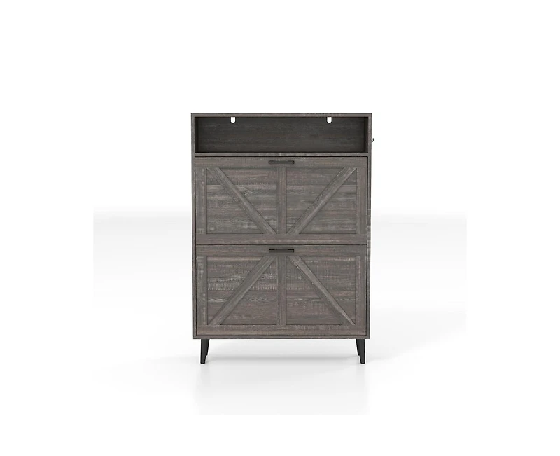 Casainc Storage Cabinet with Barn Door and 2 Flip Drawers, Freestanding Narrow Shoe Rack Hooks