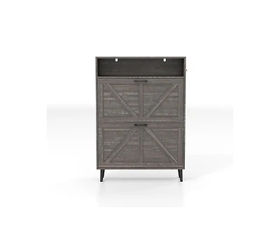 Casainc Storage Cabinet with Barn Door and 2 Flip Drawers, Freestanding Narrow Shoe Rack Hooks