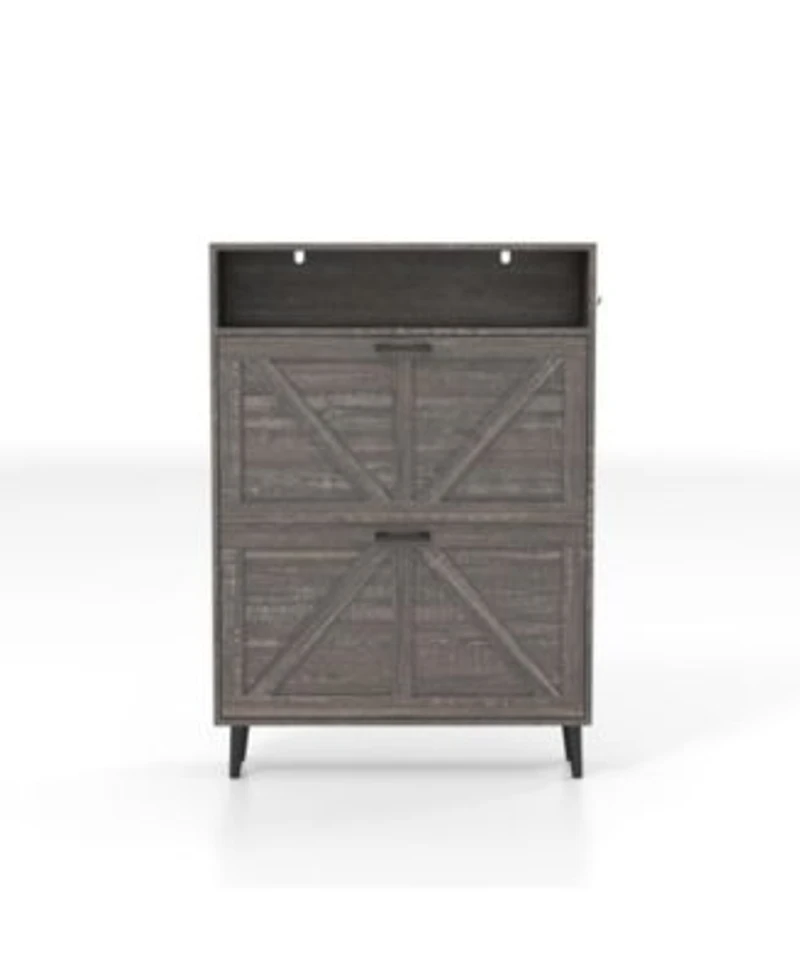 Casainc Storage Cabinet With Barn Door 2 Flip Drawers Freestanding Narrow Shoe Rack Cabinet With Hooks