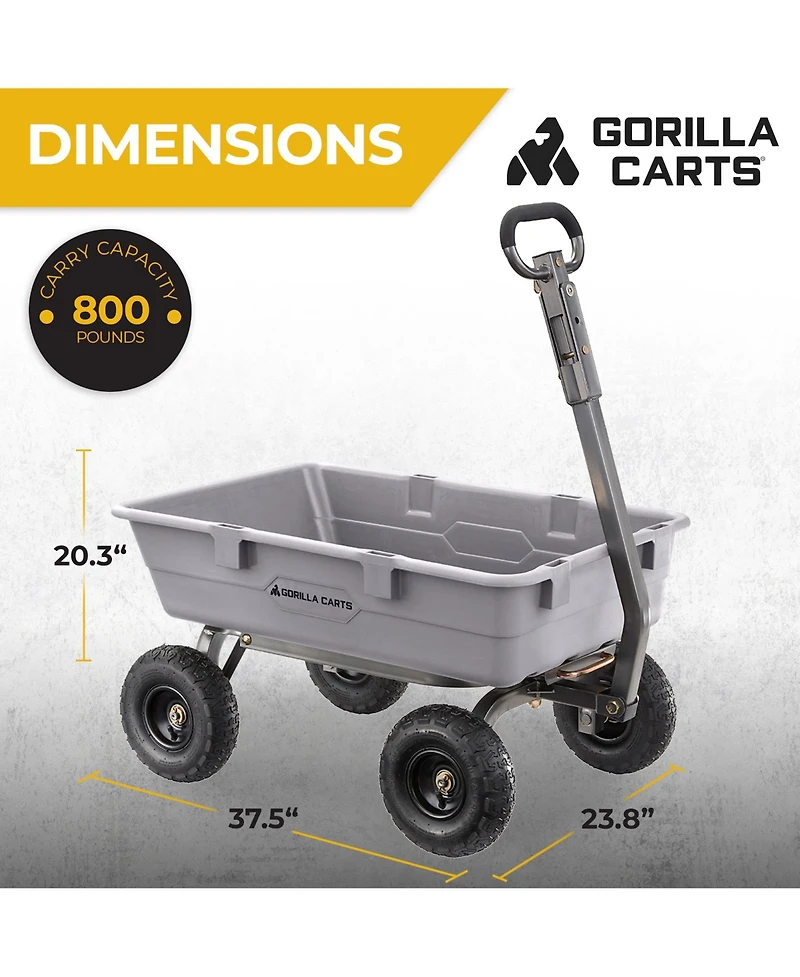 Gorilla Carts 800 Pound Capacity Heavy Duty Poly Yard Dump Utility Cart, Gray